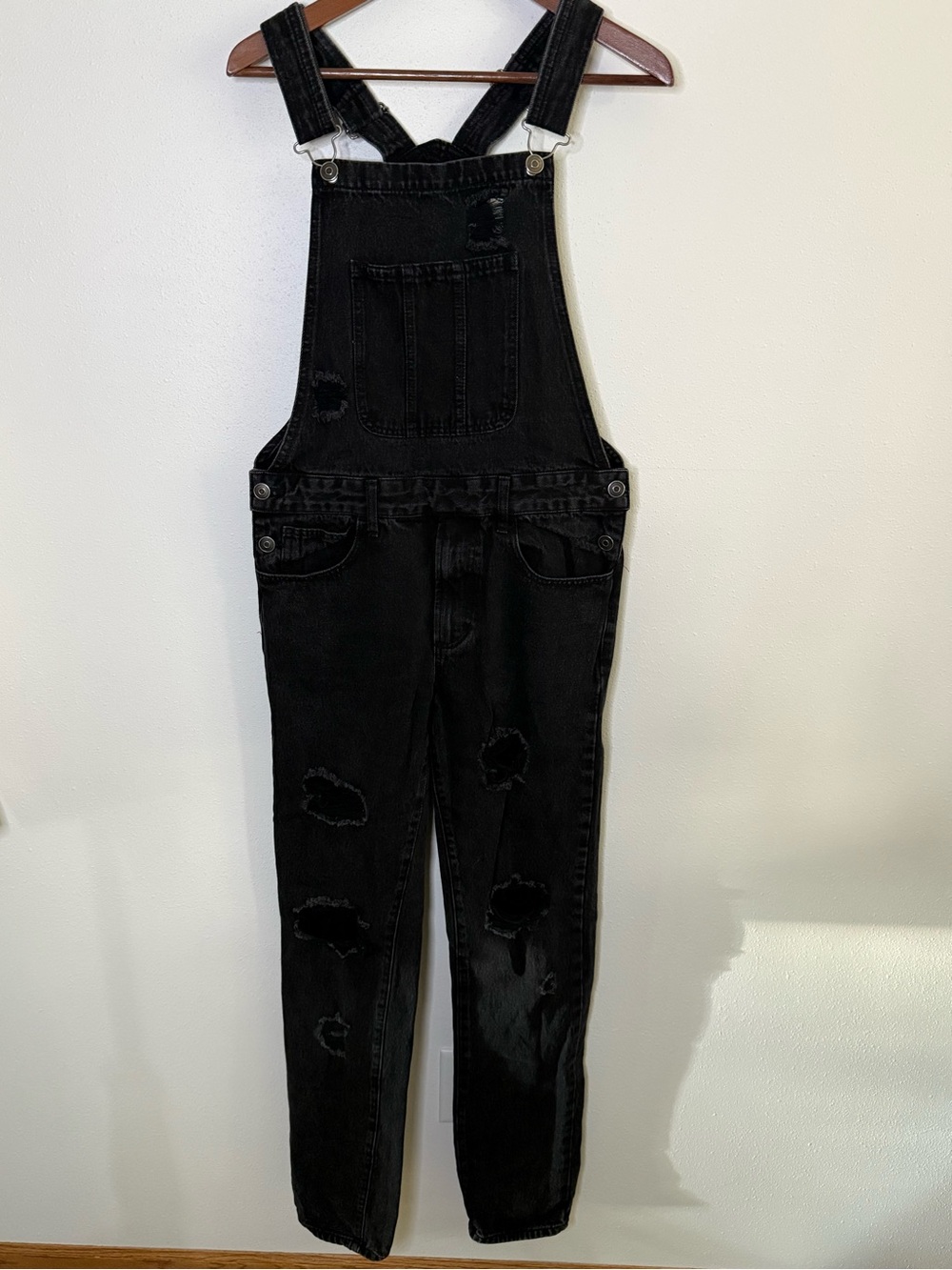 Forever 21 Black Distressed Denim Overalls Small Grunge Utility Women’s